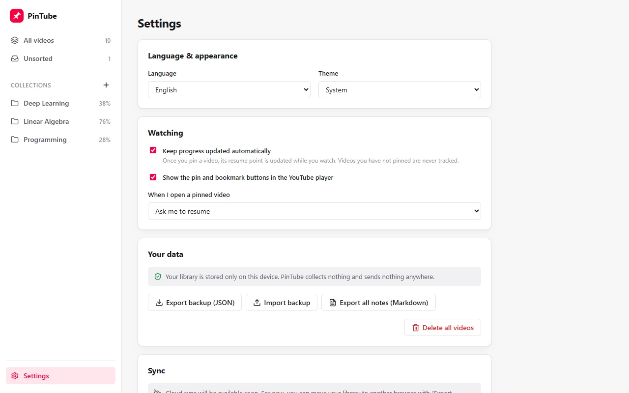 PinTube settings: language and theme, resume behaviour, and backup export and import.