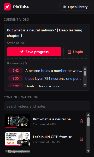 The PinTube popup: the video you are watching with its bookmarks, and the videos you have yet to finish.