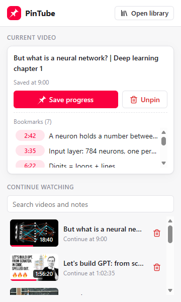 The PinTube popup: the video you are watching with its bookmarks, and the videos you have yet to finish.