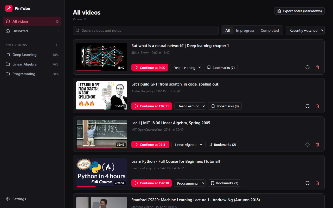 The PinTube library: pinned videos with their progress, and collections in the sidebar.
