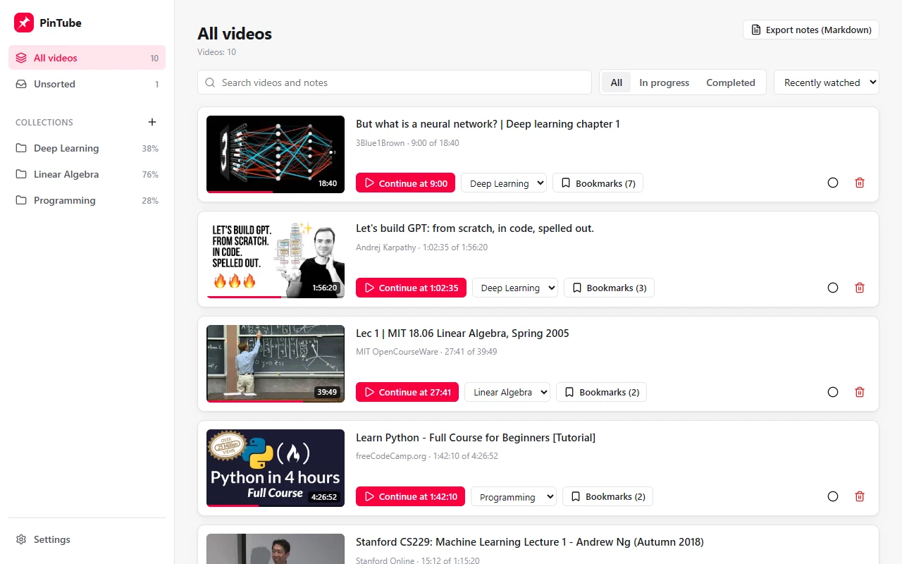 The PinTube library: pinned videos with their progress, and collections in the sidebar.